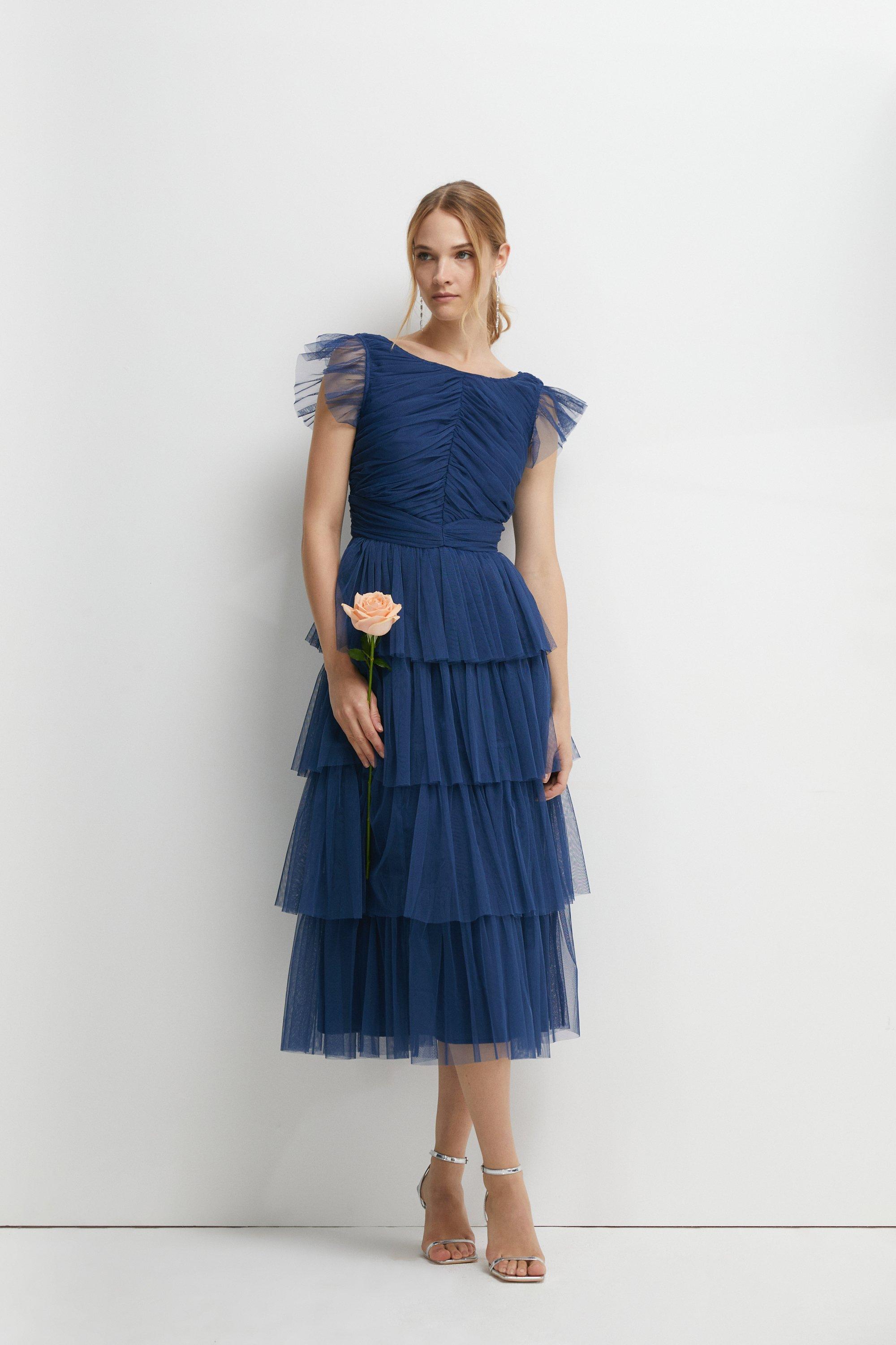 Gathered Bodice Flutter Sleeve Mesh Bridesmaids Dress